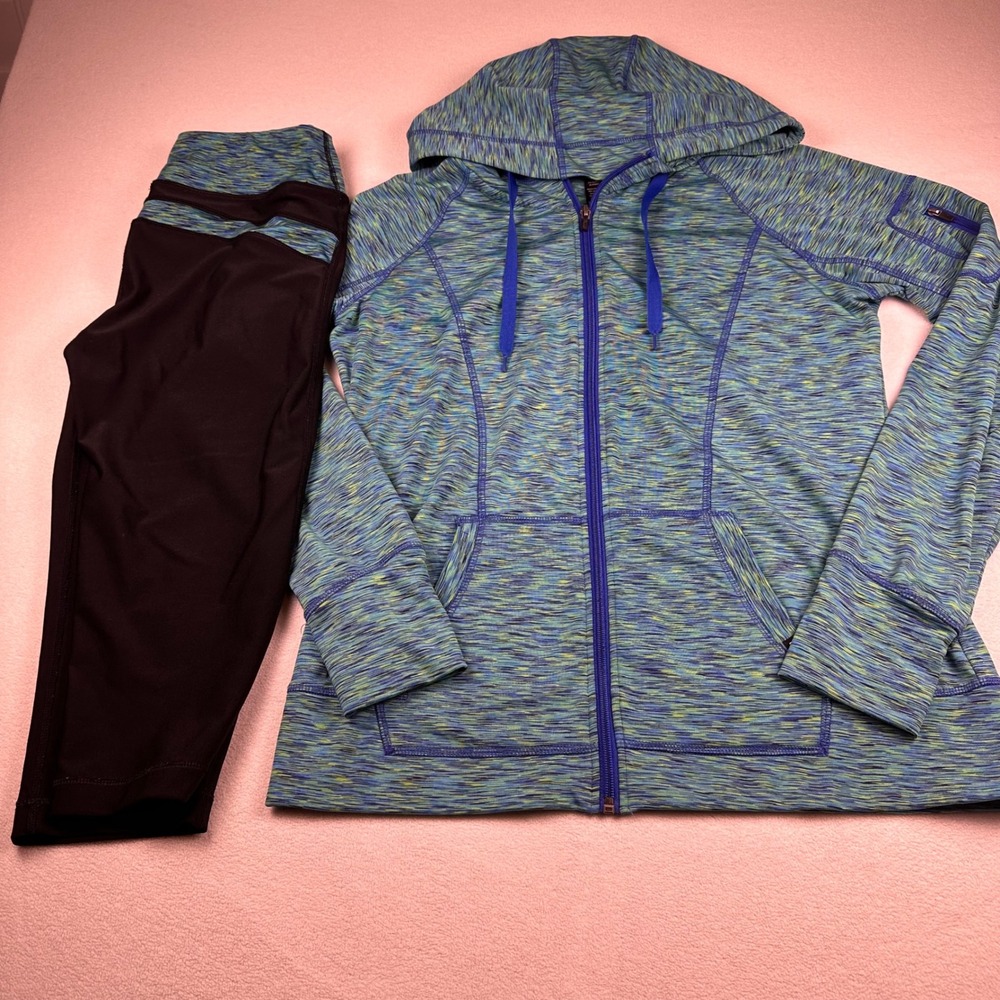 RBX Womens 2 Pc Full Zip Hoodie and Capri Leggings Athletic Set Blue Green Y2K